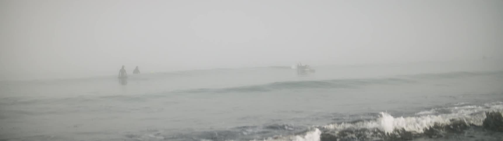 A surfer is coasting toward shore on a wave on a foggy day