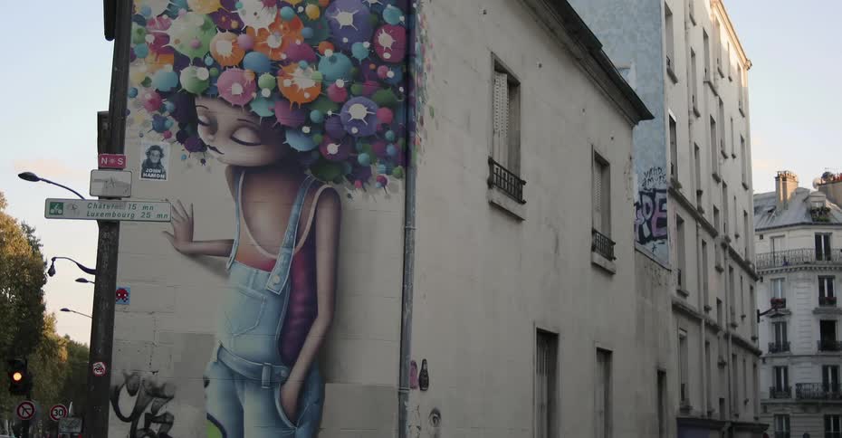 Mural of a colorful child on the side of a building