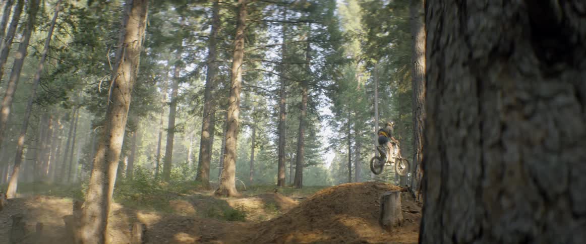 Motorcyclist jumping a dirt hill in a forest area