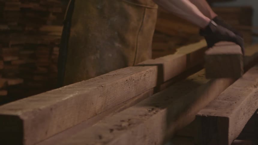 A person collecting a piece of wood