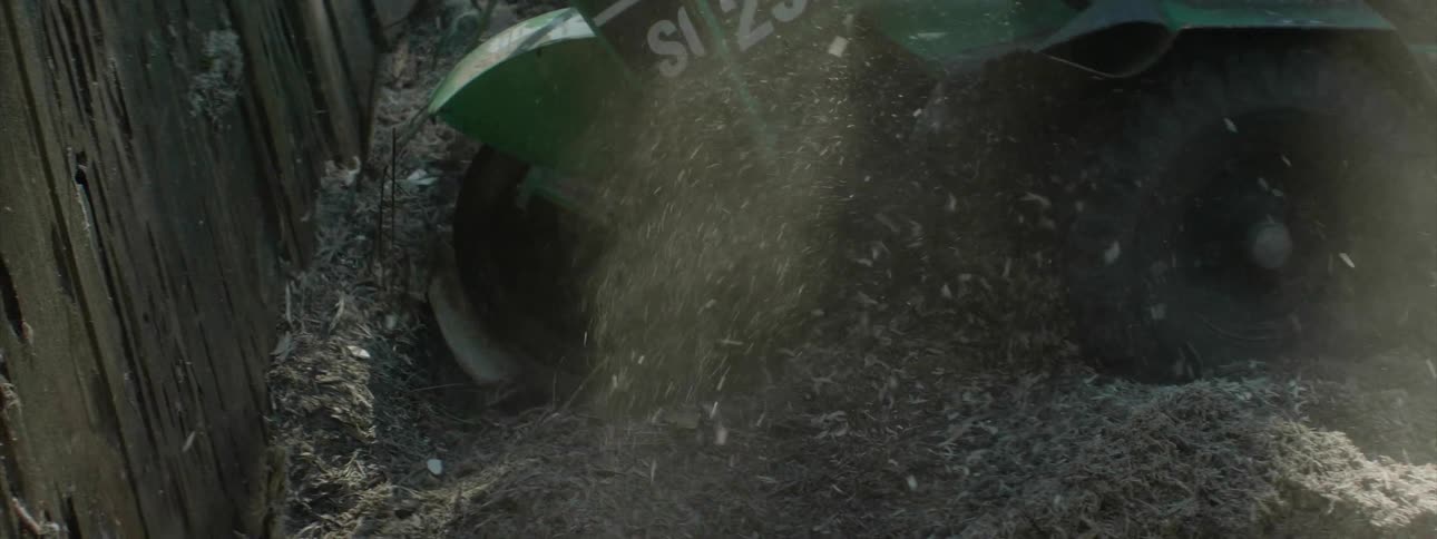 Machinery kicks up sawdust outside