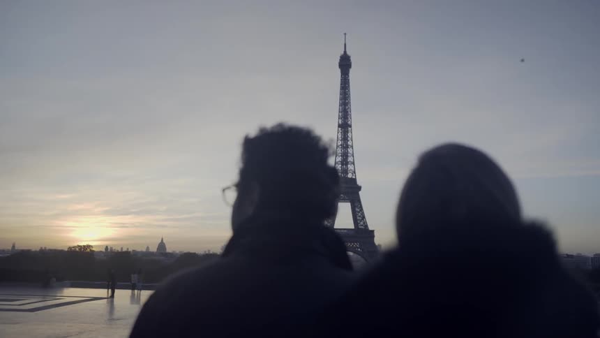 Couple admiring the eiffel tower at sunset as birds fly past