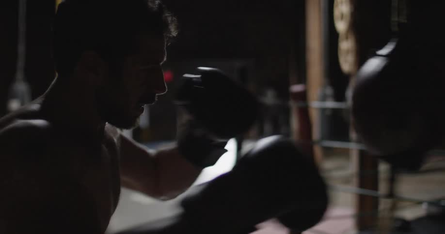 A boxer is punching a speed bag in a gym during the day