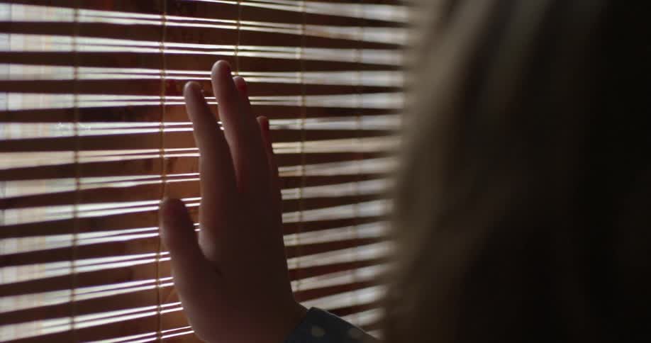 A person puts their hand on window blinds
