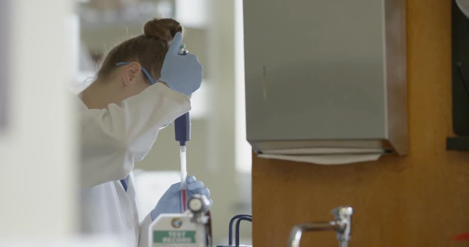 A scientist pipettes liquid in a laboratory