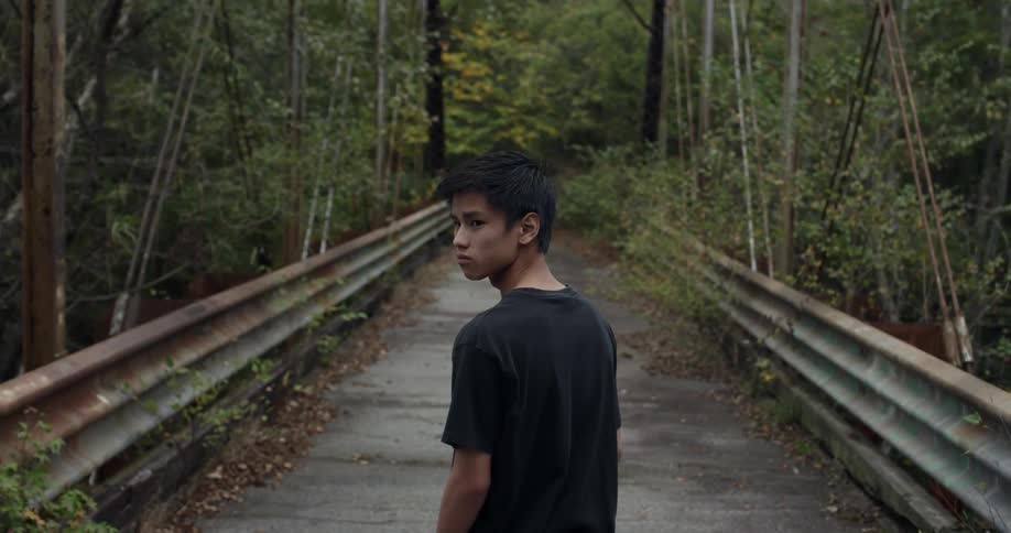 A kid is standing in the middle of a bridge that's overgrown with trees