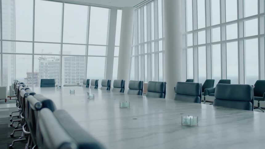 A large meeting room is empty