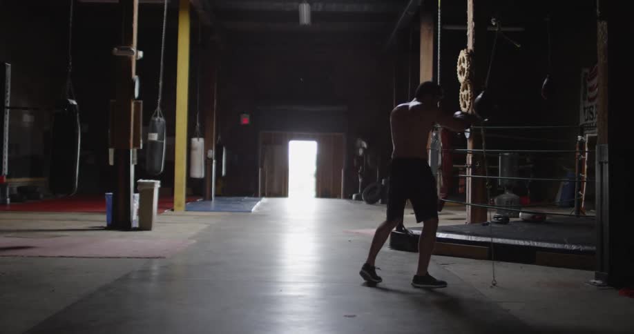 A boxer is punching a speed bag in a gym during the day