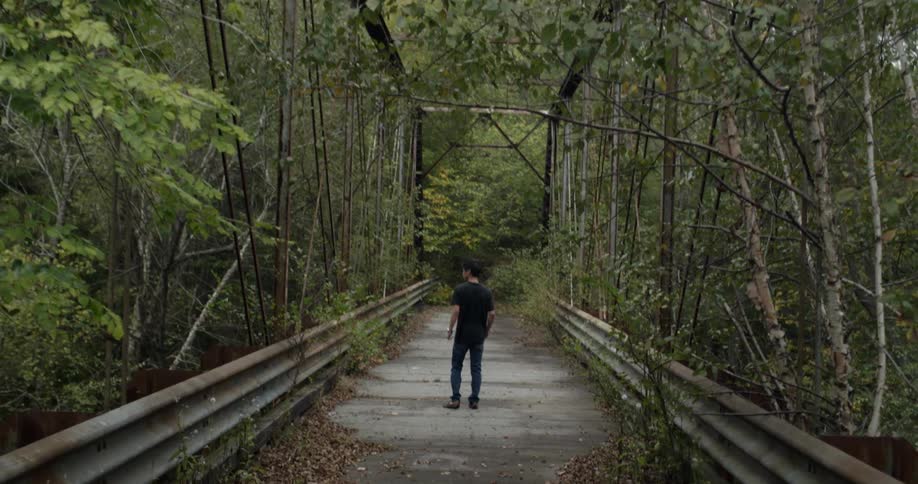 Someone is running across a bridge that's covered in tree vines