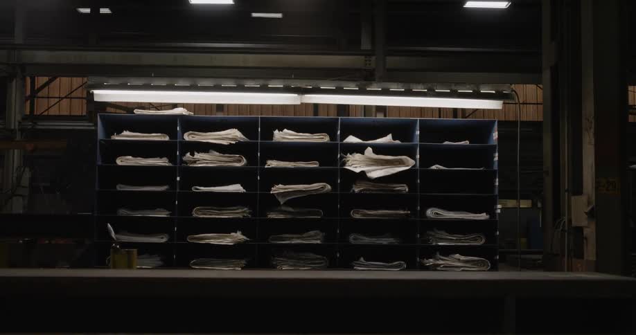 The shelves on the dark table are filled with paper