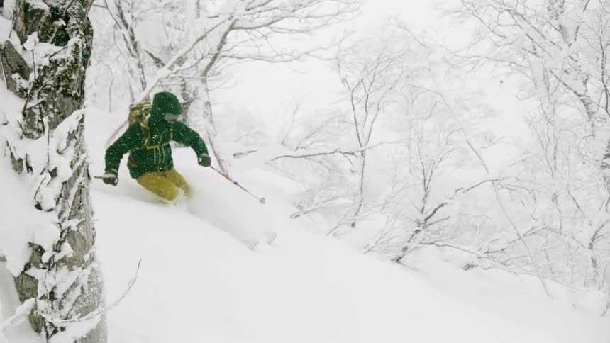 Person skiing in deep snow near trees