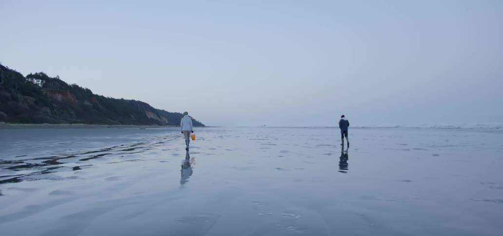 Two people walking along the water on a beach at sunset