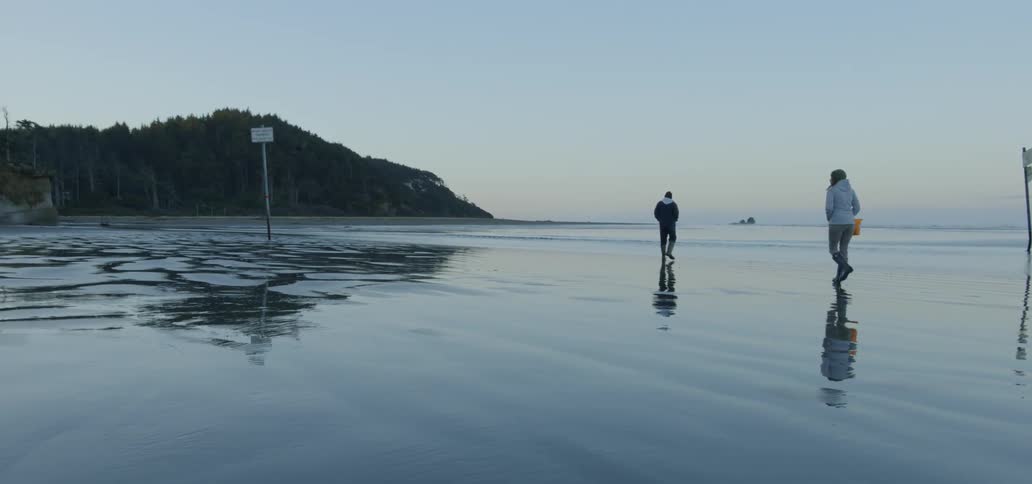 Two people walk on the beach