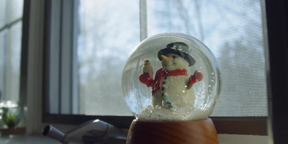 Snowflakes are settling in a snow globe as it sits in a window during the day