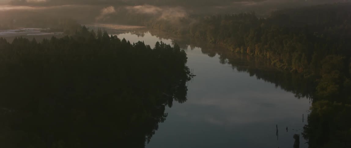 Fog lifts above a winding river