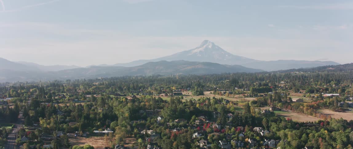 Looking out over a sprawling town among the green trees with a tall mountain in the distance