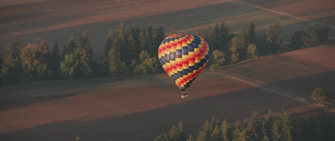 Hot air balloon floats over a field