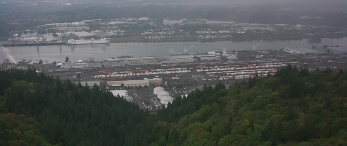 A large forest area outside of a city and body of water on a cloudy day
