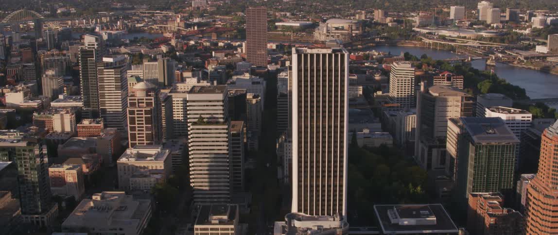 Tall city buildings tower into the skyline