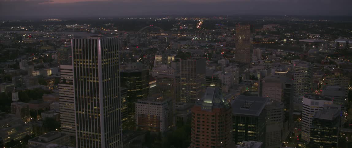 Portland skyscrapers stand at dusk