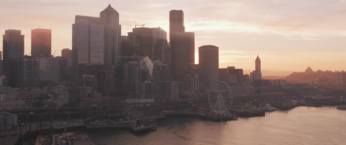 Tall city buildings tower into the skyline