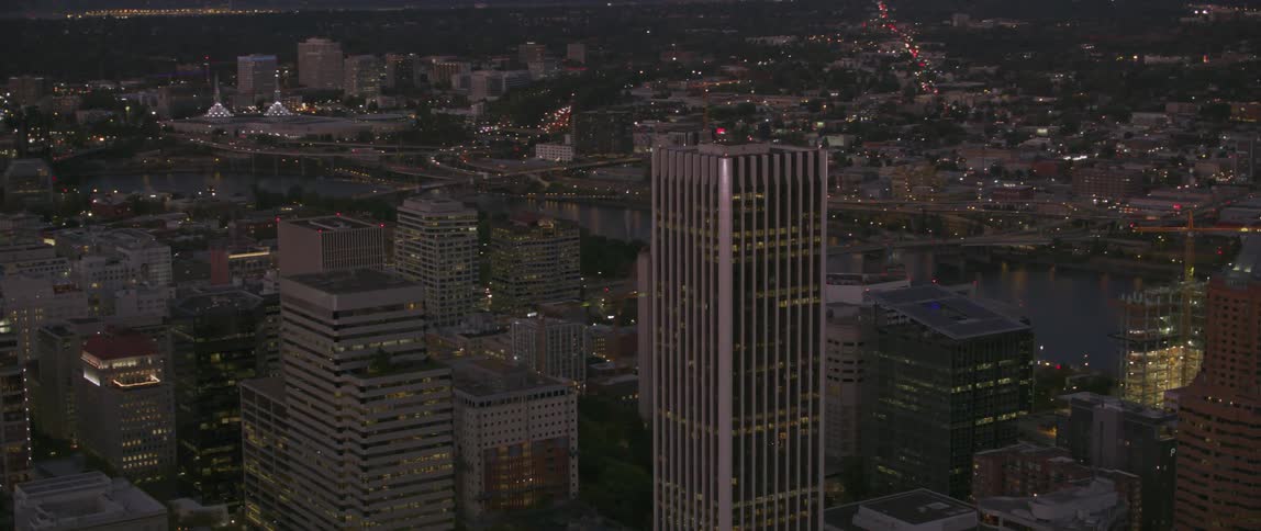 Skyscrapers stand in a city at night