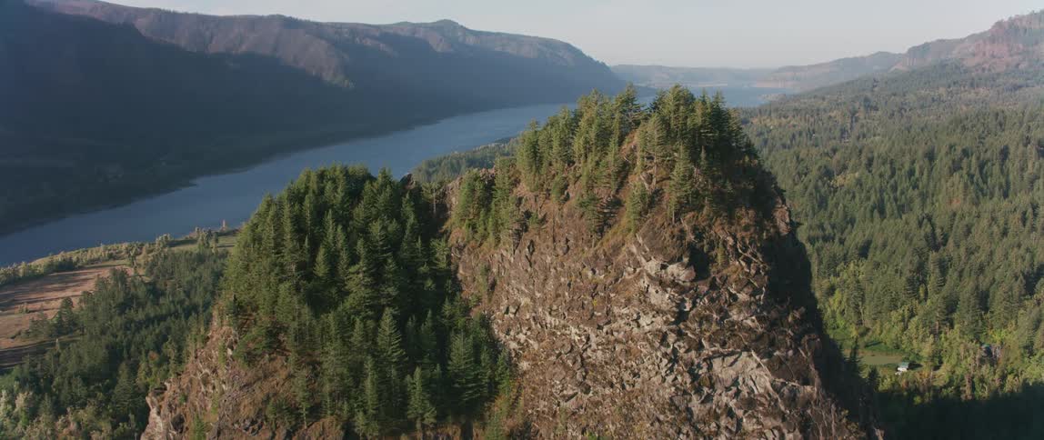 Rock formations and trees line the coast