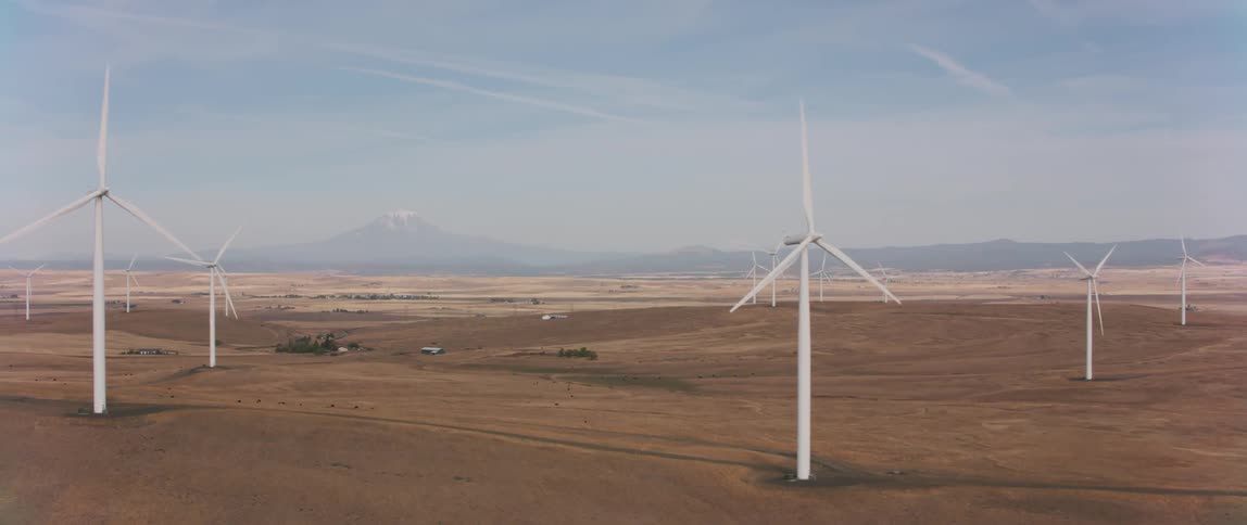 Windmills spin in a large open field