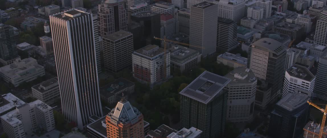 Tall city buildings tower into the skyline