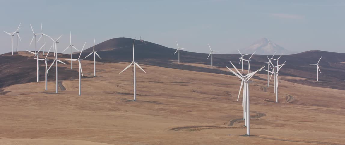 Windmills spin in a large open field