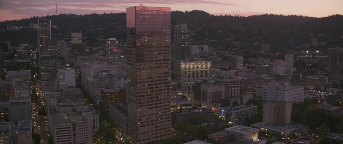 Tall city buildings tower into the skyline