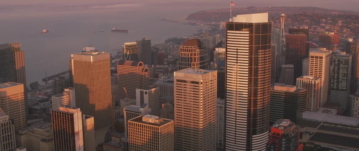 Tall city buildings tower into the skyline