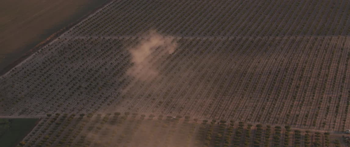 Smoke is rising on the crops of the farm below