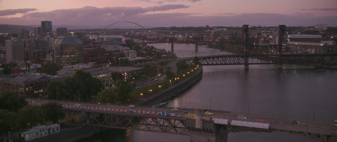 Bridges stretch across the water into the city