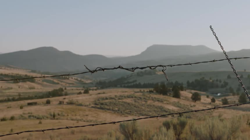 Barb wire fence separates land in a large open landscape