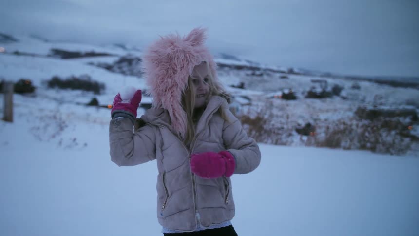 A little girls holding a snowball pulls her arm back ready to throw