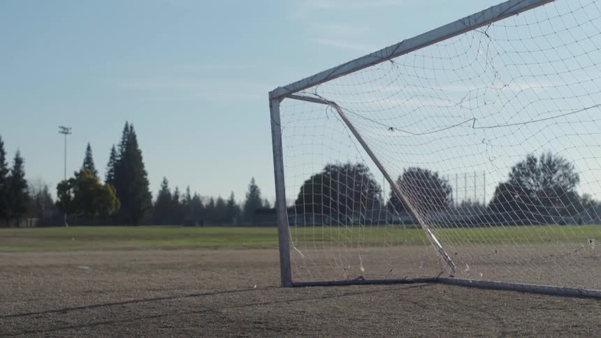 The soccer net sits empty on the field
