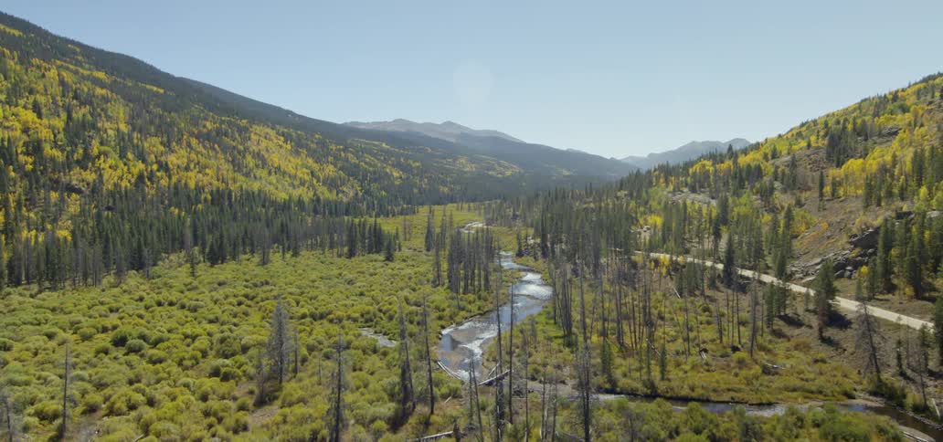 A stream runs through the valley covered with green