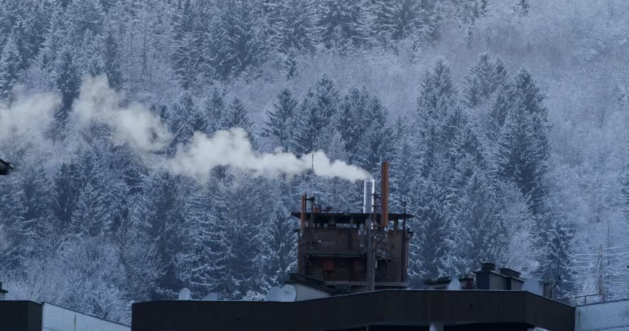 Smoke billows out of a factory chimney near snow covered trees