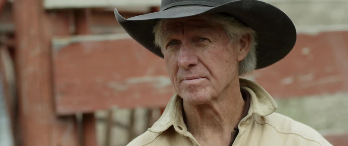 A man wearing a cowboy hat stands outside and looks around