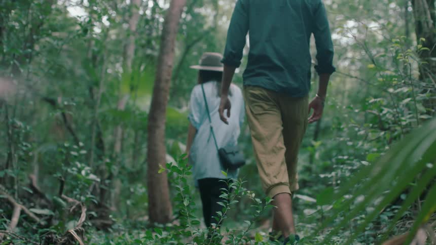 Man and woman walk in the woods