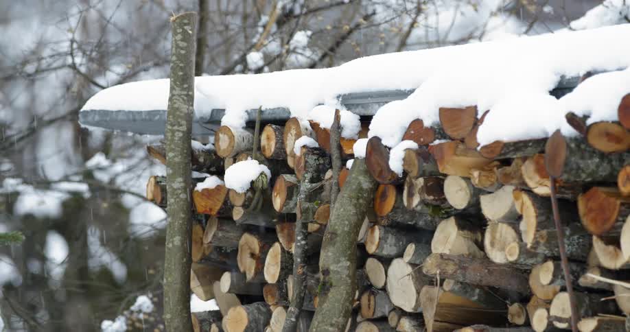 Snow falls on a stacked pile of wood