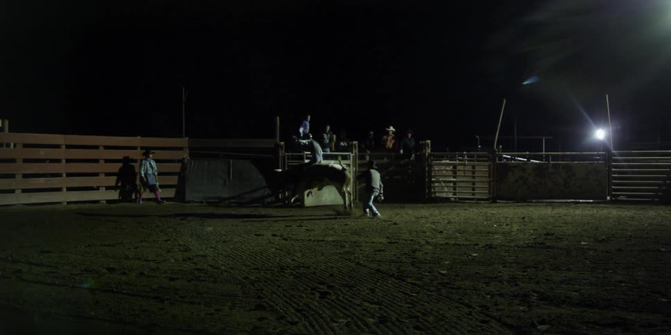 A cowboy rides a bull at night