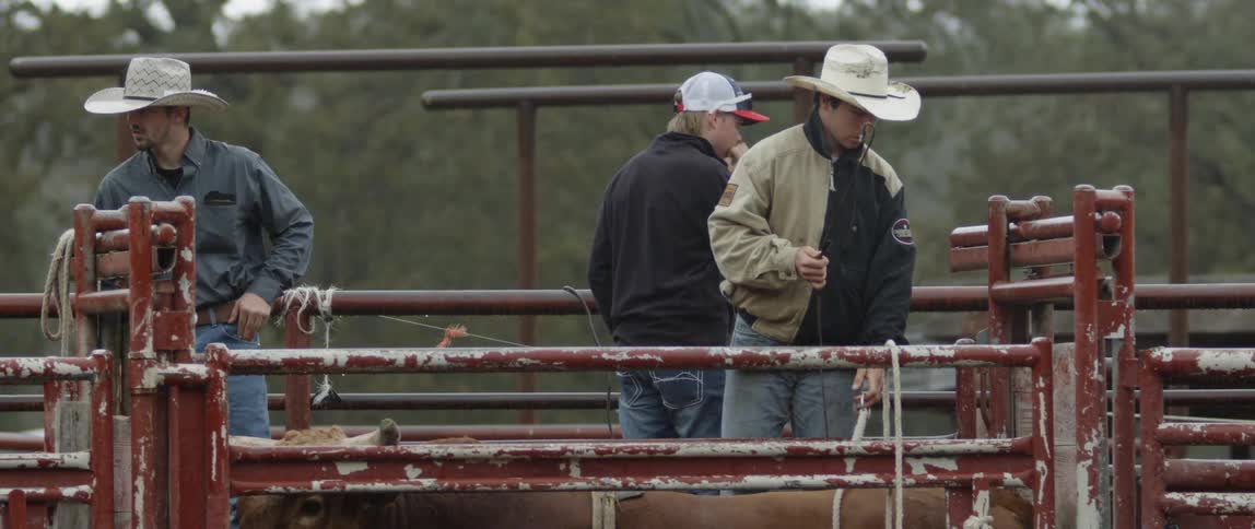 Three men stand in a stock yard by rusty gates