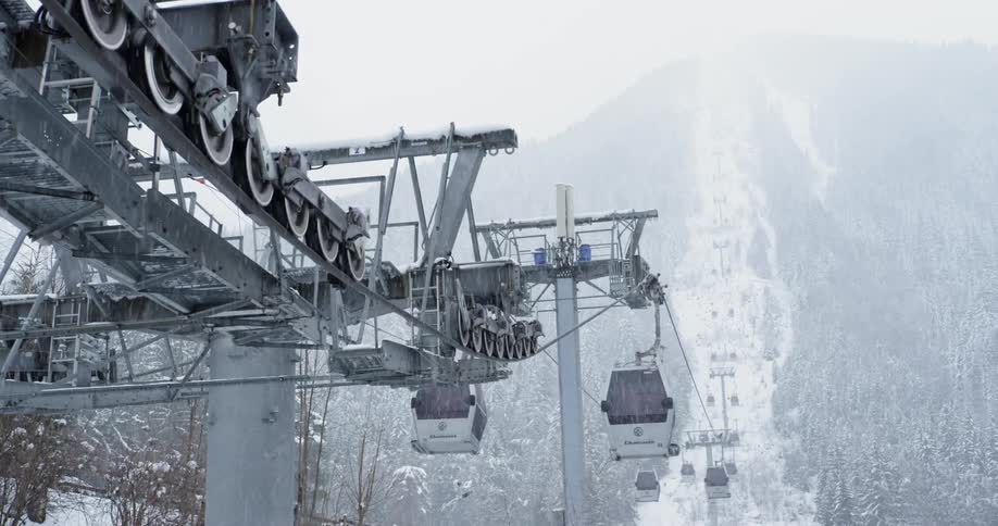 Gondolas travel back and forth up the mountain timelapse