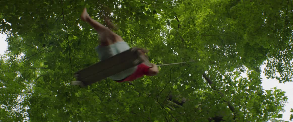 A boy swings high towards the branches