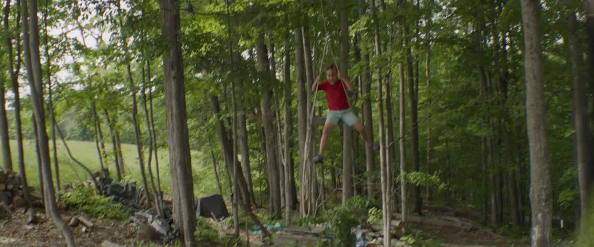Child swings on a swing in the trees