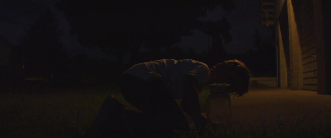 A child catches fireflies in a jar