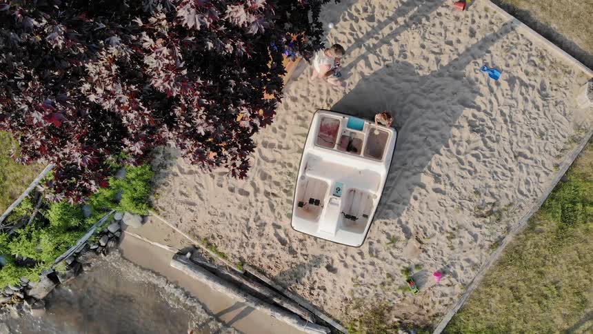 Aerial shot of people hanging out next to a lake