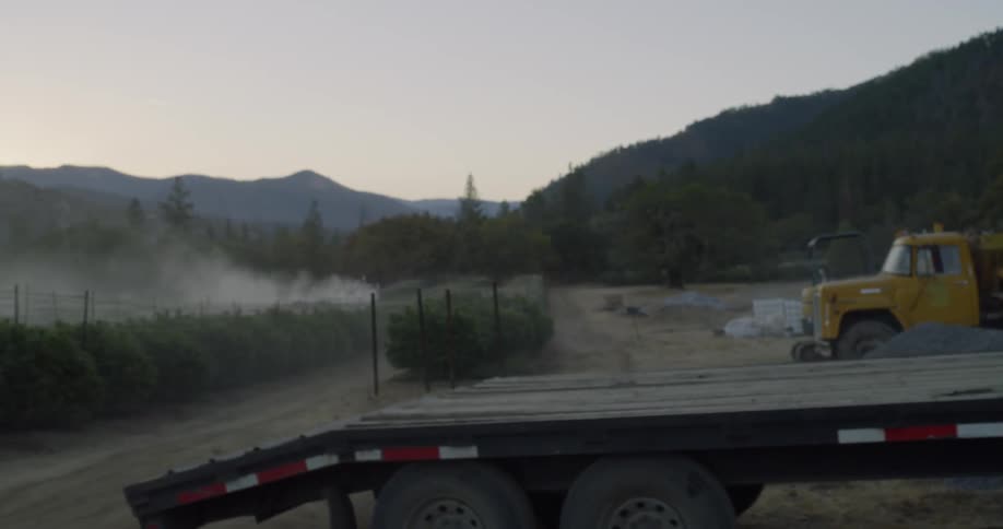Trucks are parked on a rural farm at sunset